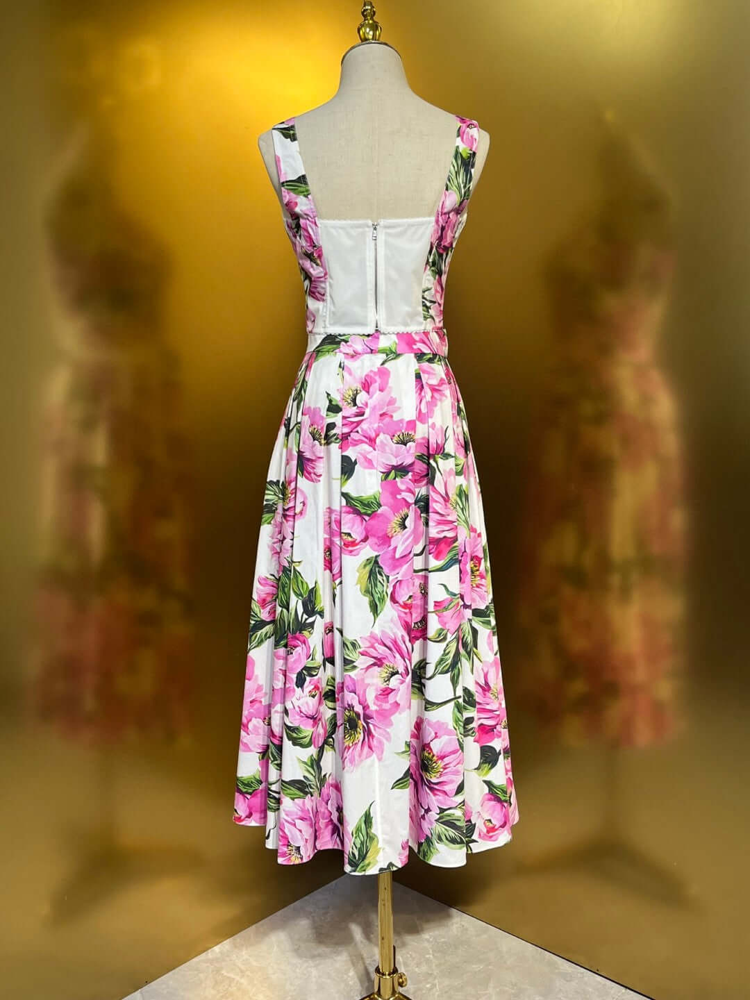 Pink Peony Print Floral Print Cotton Bustier Top And Pleated Skirt Set