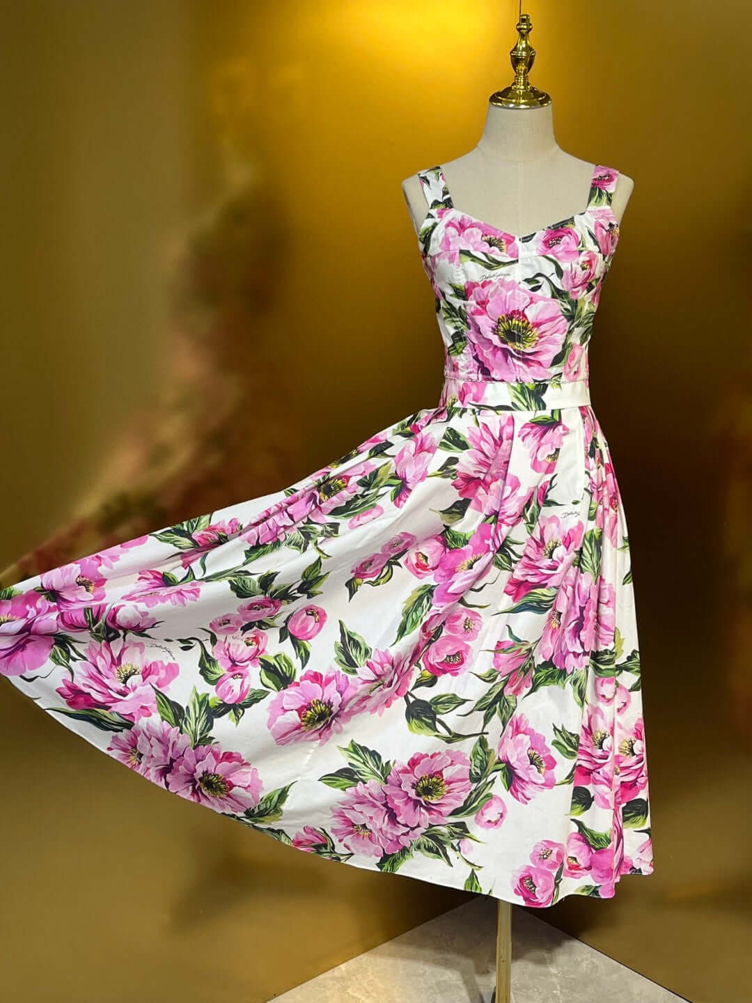 Pink Peony Print Floral Print Cotton Bustier Top And Pleated Skirt Set