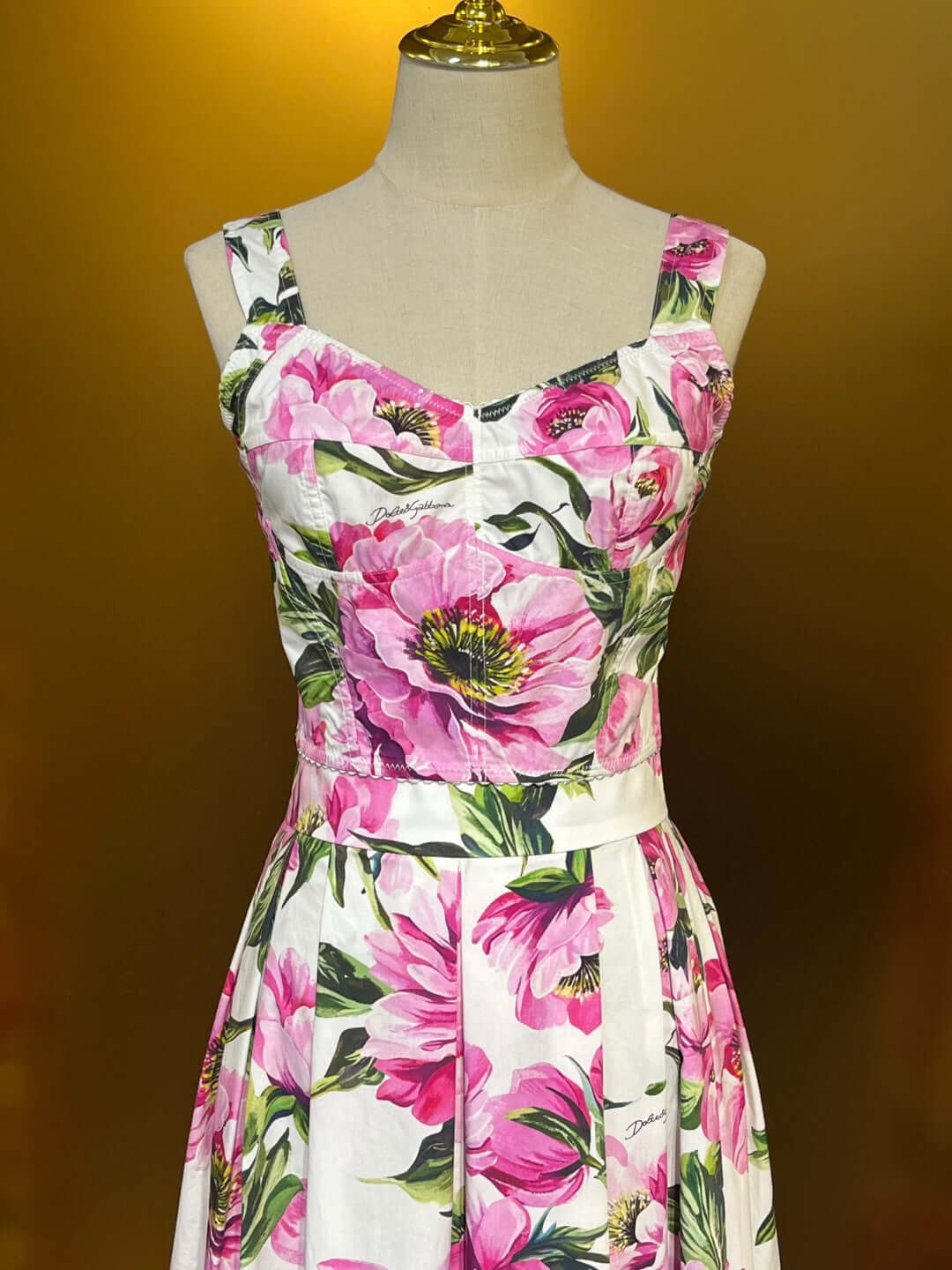 Pink Peony Print Floral Print Cotton Bustier Top And Pleated Skirt Set