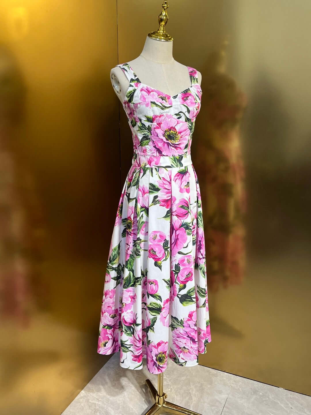 Pink Peony Print Floral Print Cotton Bustier Top And Pleated Skirt Set
