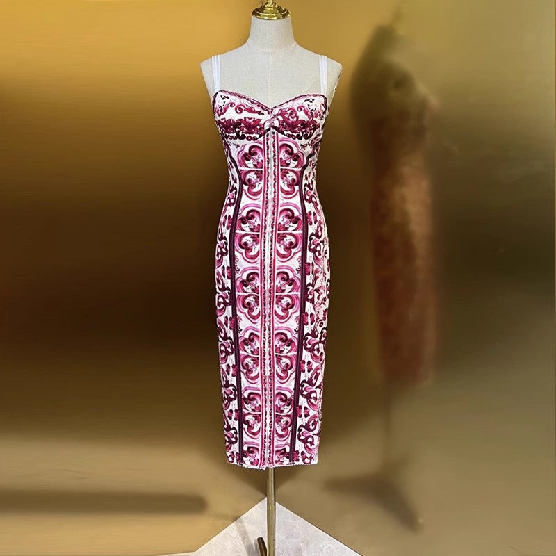 Fashion Designer Summer Silk Pencil Dress Women Spaghetti Strap Flowers Print Elegant Party Package Buttocks Dresses