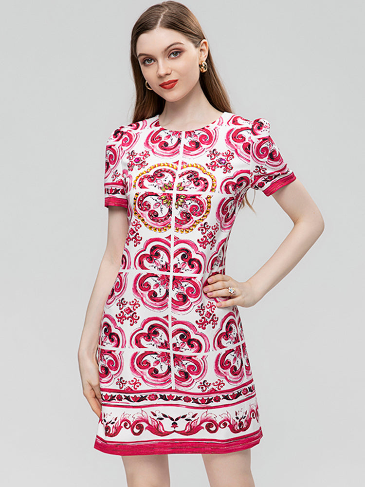 Summer Fashion Runway Vintage Loose Dress Women's O-Neck Short Sleeve Beading Diamond Print Buttock Covering Mini Dress