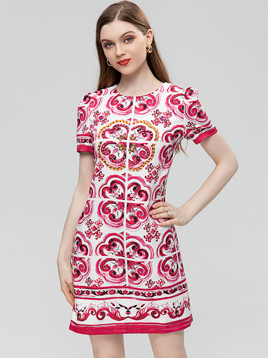 Summer Fashion Runway Vintage Loose Dress Women's O-Neck Short Sleeve Beading Diamond Print Buttock Covering Mini Dress