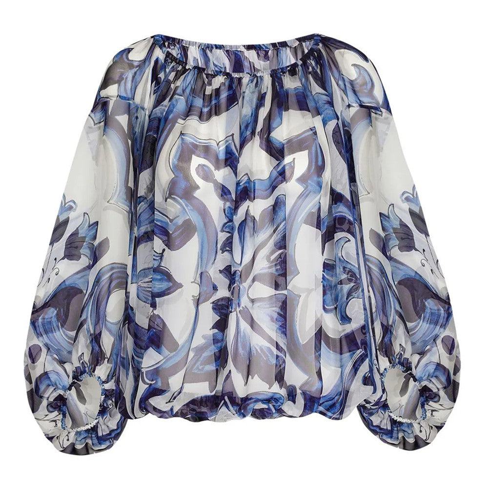 HIGH QUALITY Luxury Women's Silk Off-Shoulder Blue&White Porcelain Print Loose Blouse