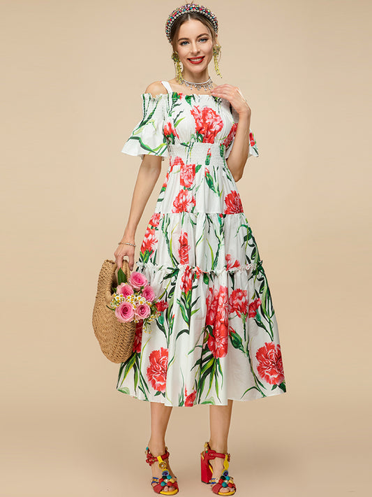 Summer Fashion Long Cotton Dress Women Slase neck Elastic waist Floral Print Holiday Elegant Dress