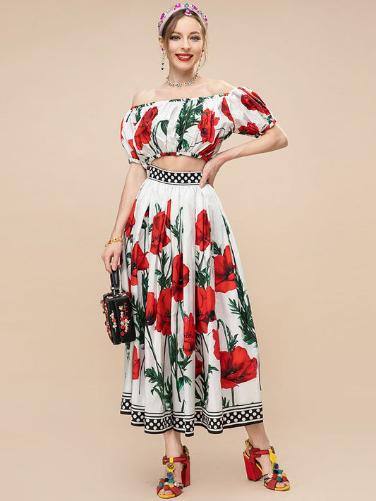 Summer Runway Fashion Cotton Skirts Women's Vacation Floral print Elegant Long Skirts