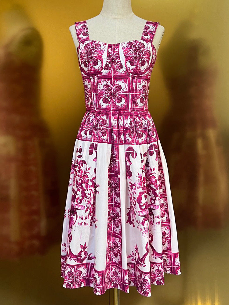 Fashion Designer Summer 100% Cotton Dress Women Spaghetti Strap Sleeveless Flowers Print Elegant Party Backless Dress