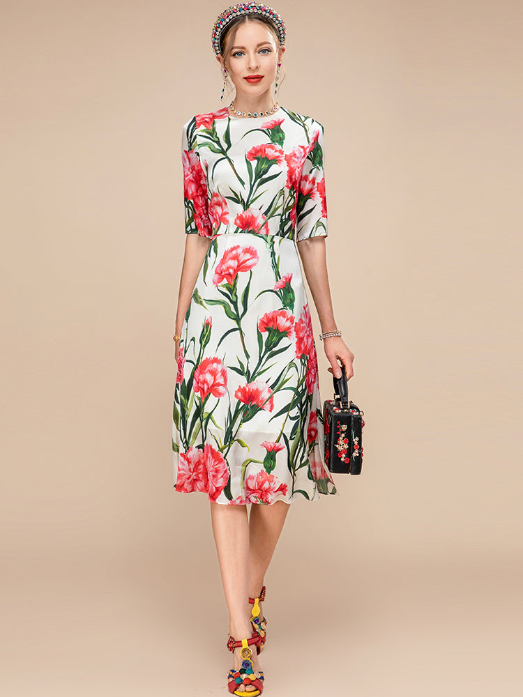 New Fashion Runway Summer Silk Dress Women Short sleeve High waist Flower Print Elegant Holiday Party Dress