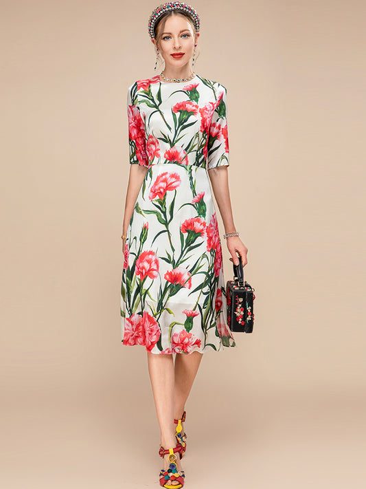 New Fashion Runway Summer Silk Dress Women Short sleeve High waist Flower Print Elegant Holiday Party Dress