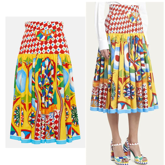 Italy Stylish Women 100% Cotton Print Midi Skirt Multicolour Summer Spring New Fashion Design