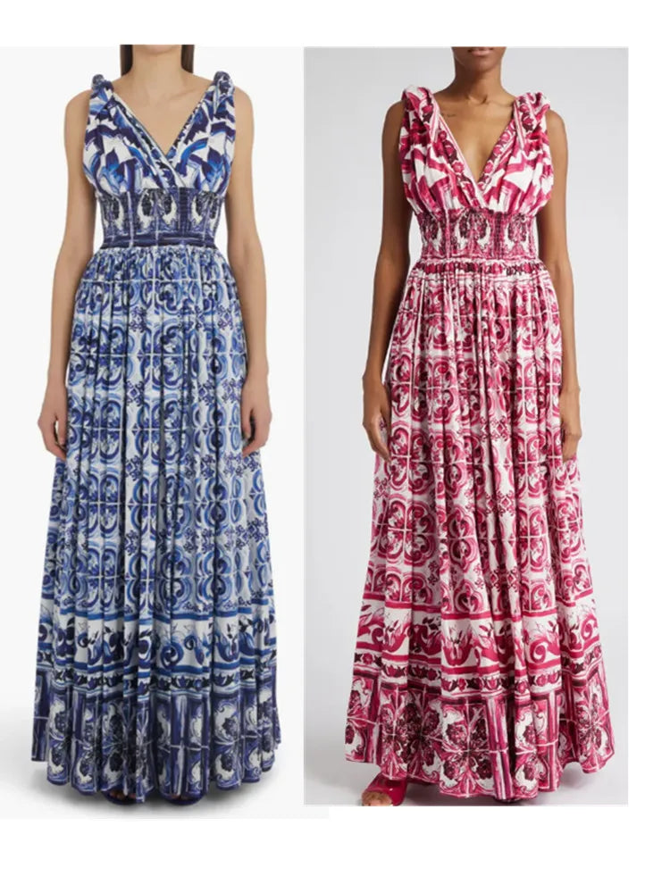 HIGH QUALITY Summer Holiday Women Maxi Dress With V-Neck Elastic Waist Blue And Porcelain Print For Party