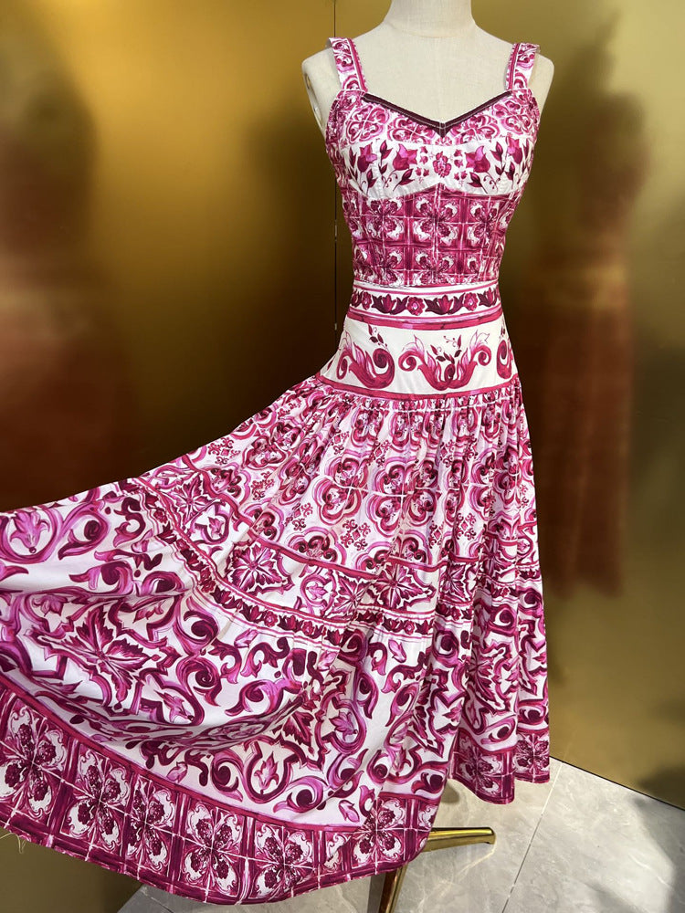 Designer Fashionista Women Summer Cotton Printed A-Line Maxi Skirt And Top Set 2023