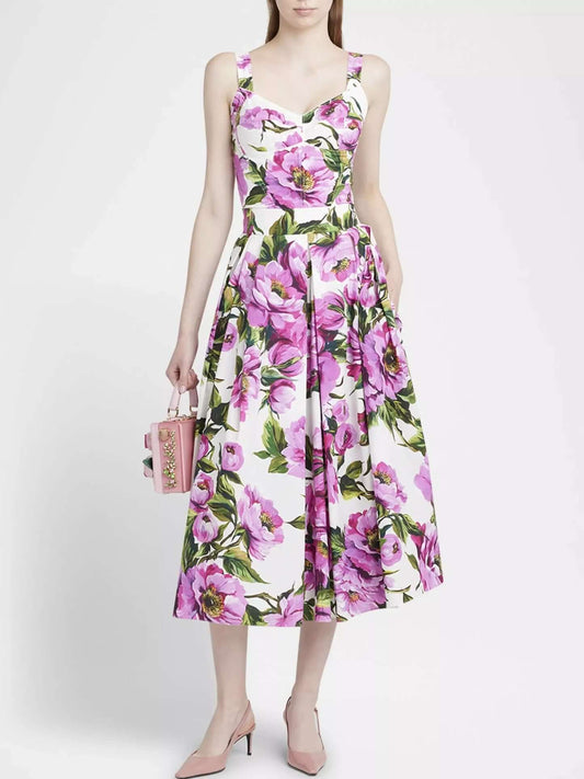 Pink Peony Print Floral Print Cotton Bustier Top And Pleated Skirt Set