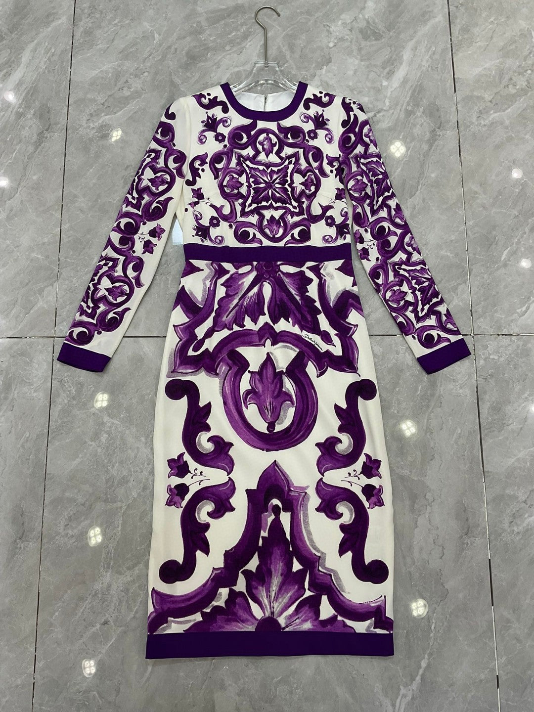 Luxury Silk Midi Dress for Women – Purple Porcelain Print | 100% Silk A-Line Summer Dress