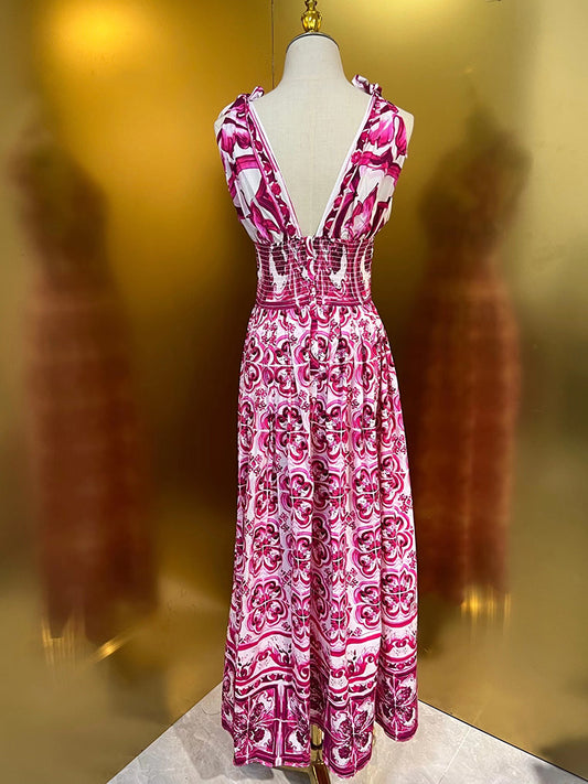 Fashion Designer Spring Summer Cotton Dress Women V-Neck Sleeveless Bow Flowers Print Vintage Elastic Waist Dresses