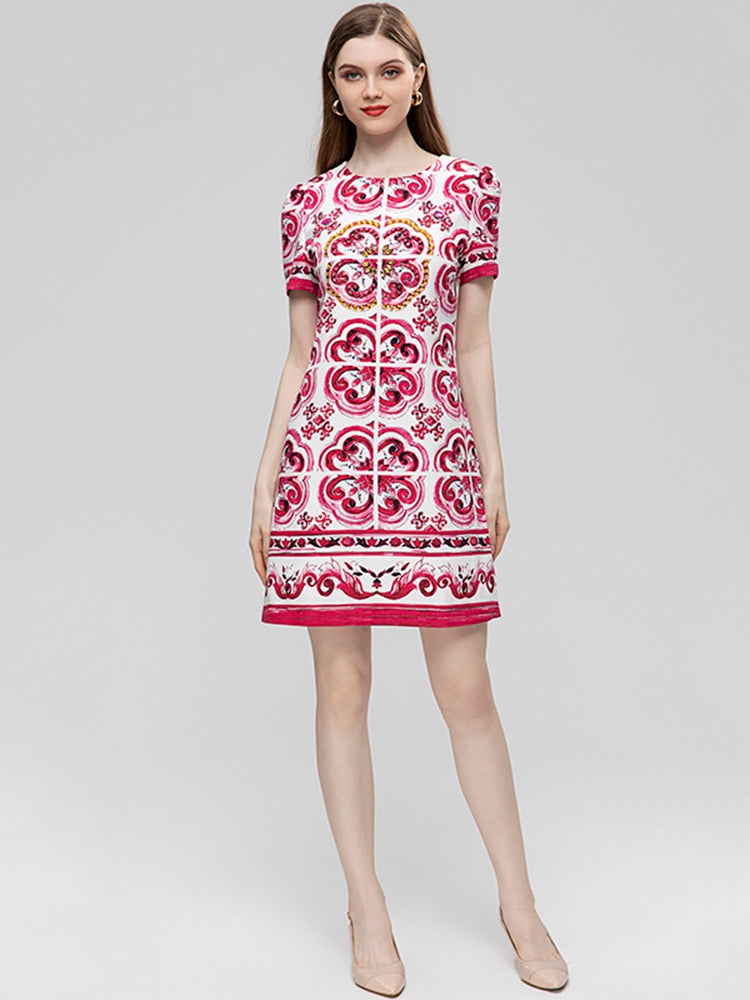 Summer Fashion Runway Vintage Loose Dress Women's O-Neck Short Sleeve Beading Diamond Print Buttock Covering Mini Dress