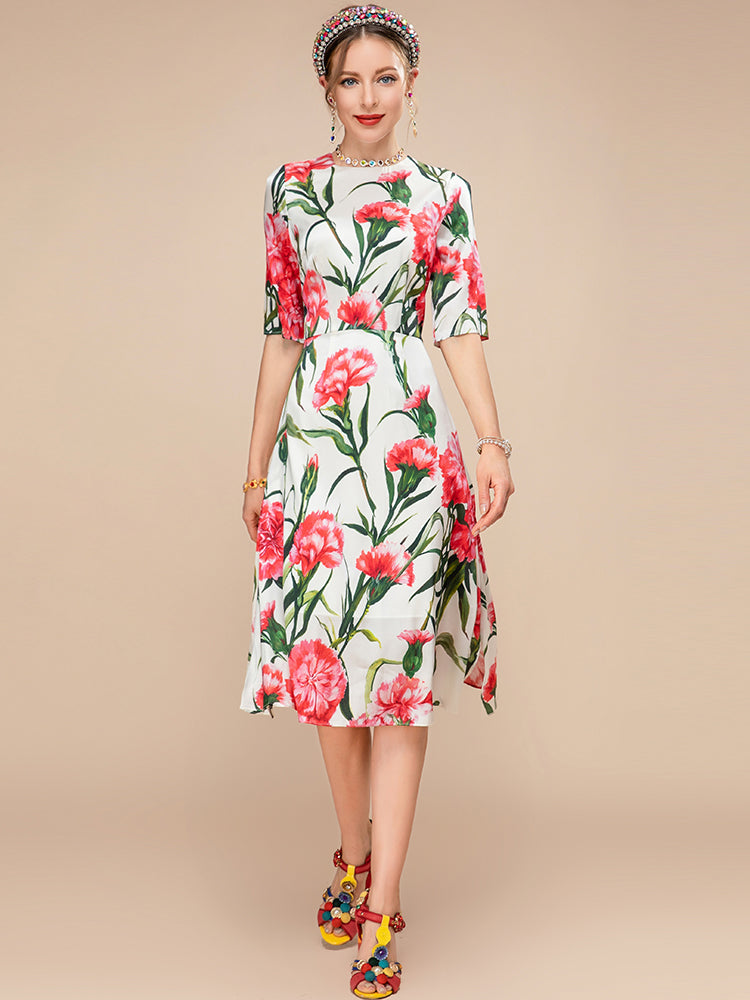 New Fashion Runway Summer Silk Dress Women Short sleeve High waist Flower Print Elegant Holiday Party Dress