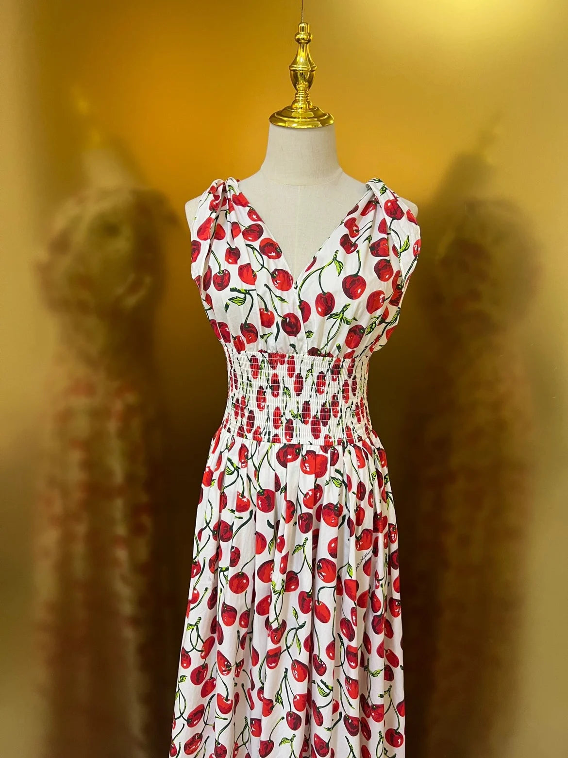 HIGH QUALITY Summer Holiday Women Cotton Maxi Dress With V-Neck Elastic Waist Cherry Print For Party