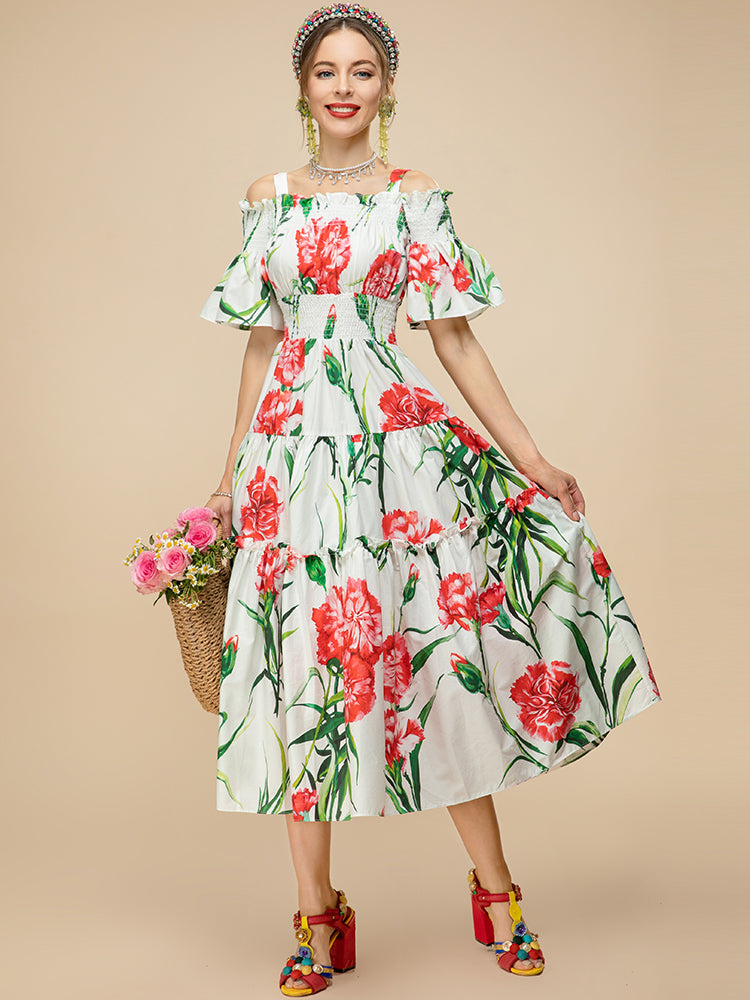 Summer Fashion Long Cotton Dress Women Slase neck Elastic waist Floral Print Holiday Elegant Dress
