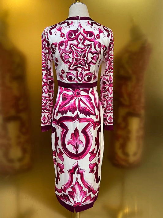 Fashion Designer Spring Summer Silk Pencil Dress Women O-Neck Long Sleeve Flowers Print Elegant Party Slim Dresses