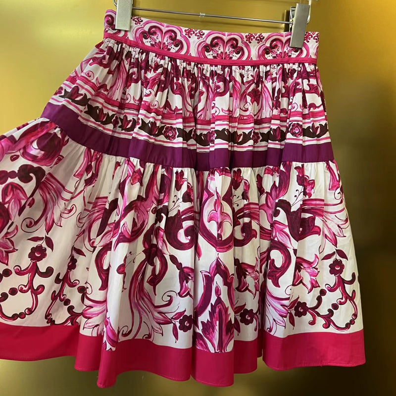Summer Fashion Designer Vintage Cotton Half Skirt Women Blue And White Porcelain Printing Regular Waist Versatile Skirt
