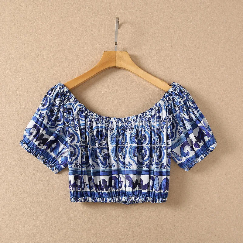 HIGH QUALITY Luxury Fashion Women Blue&White Porcelain Print Off Shoulder Top and Maxi Skirt Summer Set For Female