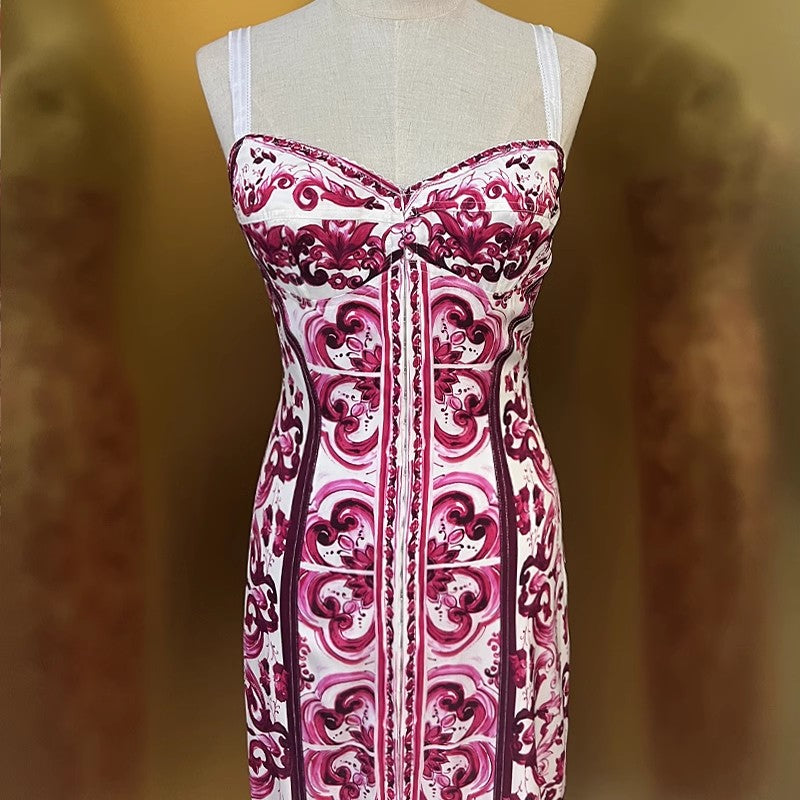Fashion Designer Summer Silk Pencil Dress Women Spaghetti Strap Flowers Print Elegant Party Package Buttocks Dresses