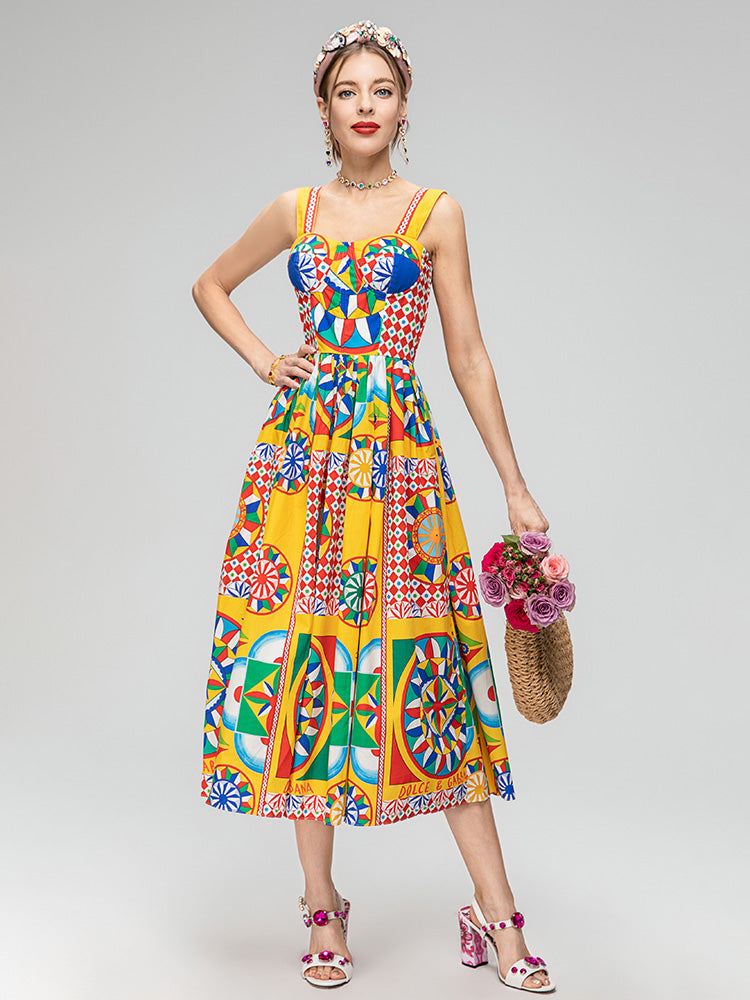 Summer Fashion Designer Beach Dress Women's Bohemia Pure Cotton High Waist Print Crumple Slim Fit Dress