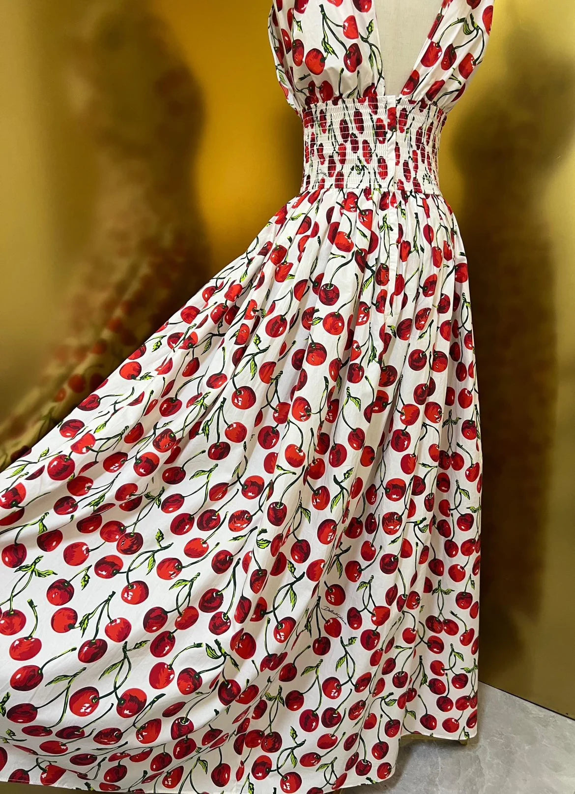 HIGH QUALITY Summer Holiday Women Cotton Maxi Dress With V-Neck Elastic Waist Cherry Print For Party