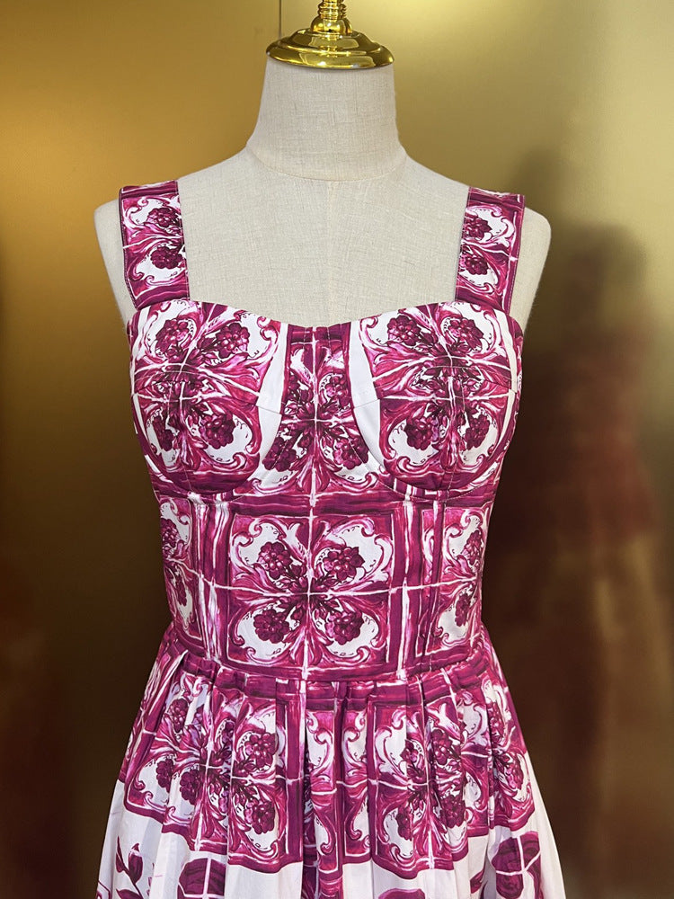 Fashion Designer Summer 100% Cotton Dress Women Spaghetti Strap Sleeveless Flowers Print Elegant Party Backless Dress