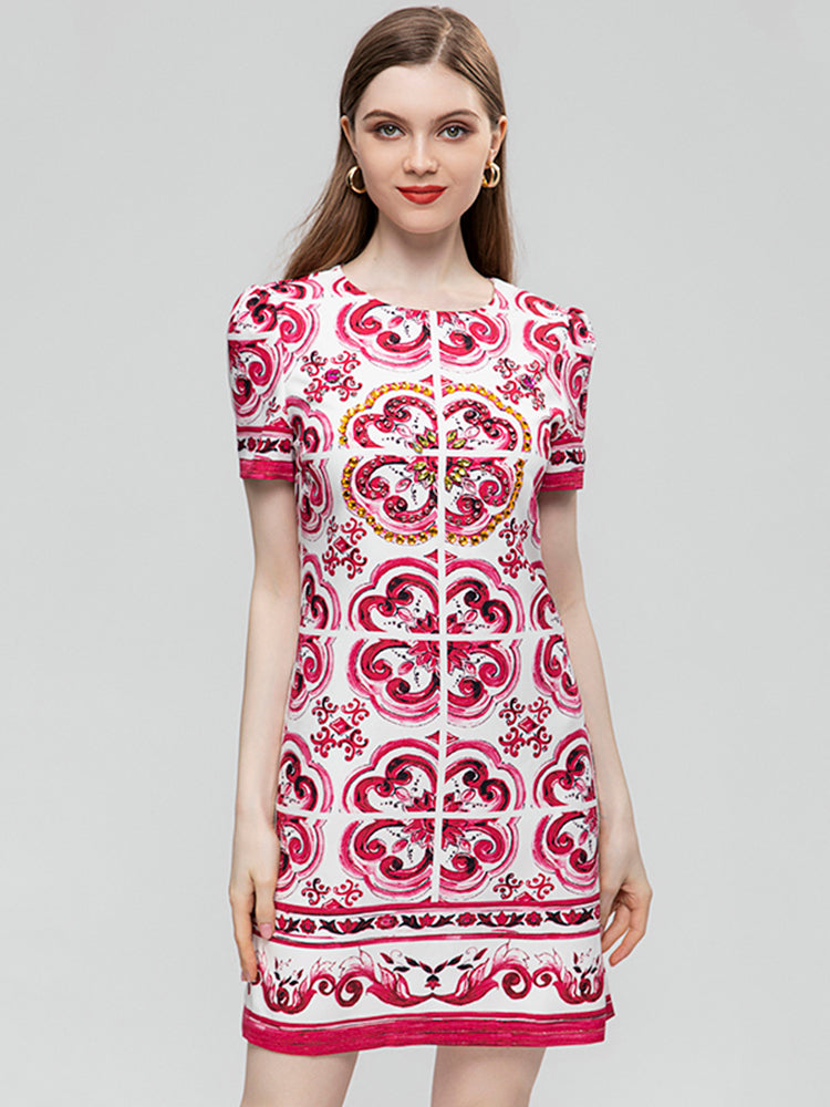 Summer Fashion Runway Vintage Loose Dress Women's O-Neck Short Sleeve Beading Diamond Print Buttock Covering Mini Dress