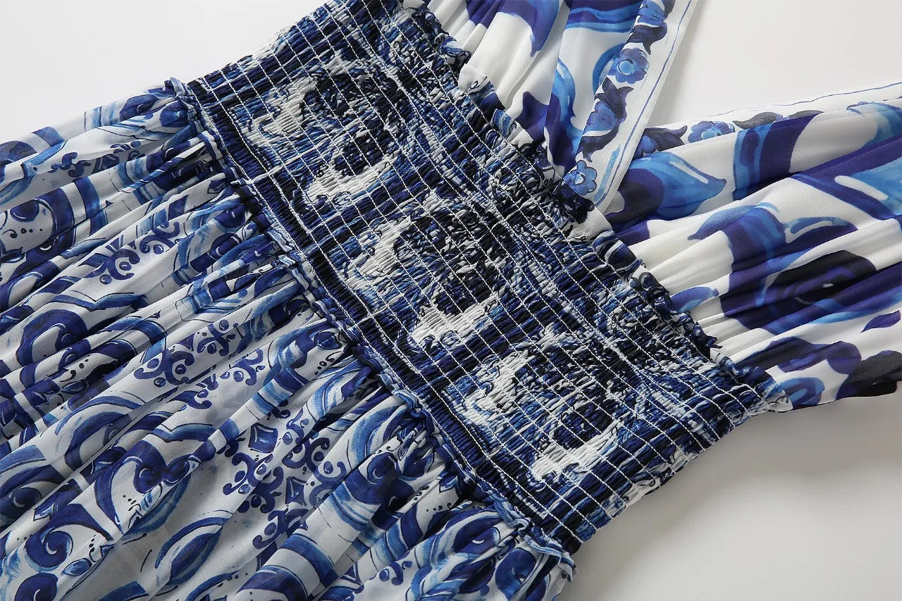 HIGH QUALITY Summer Holiday Women Maxi Dress With V-Neck Elastic Waist Blue And Porcelain Print For Party