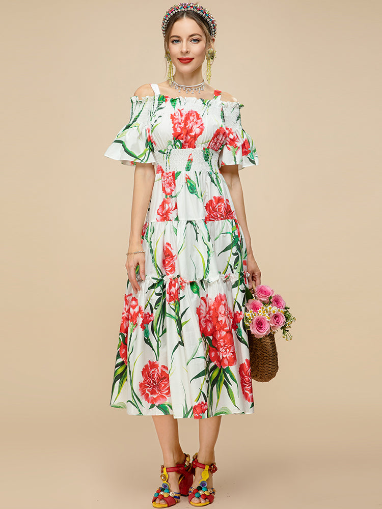 Summer Fashion Long Cotton Dress Women Slase neck Elastic waist Floral Print Holiday Elegant Dress