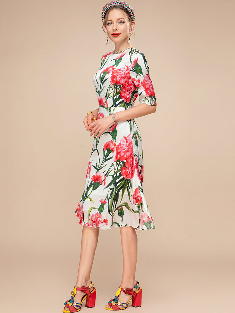 New Fashion Runway Summer Silk Dress Women Short sleeve High waist Flower Print Elegant Holiday Party Dress