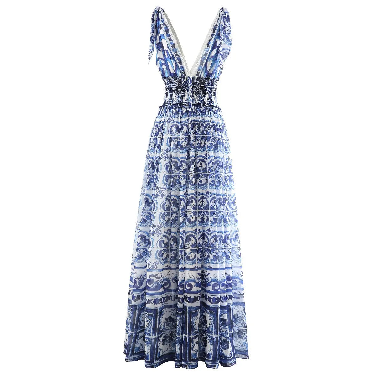 HIGH QUALITY Summer Holiday Women Maxi Dress With V-Neck Elastic Waist Blue And Porcelain Print For Party