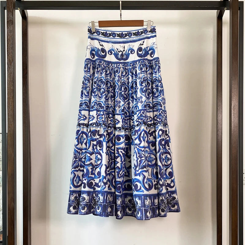 HIGH QUALITY Luxury Fashion Women Blue&White Porcelain Print Off Shoulder Top and Maxi Skirt Summer Set For Female
