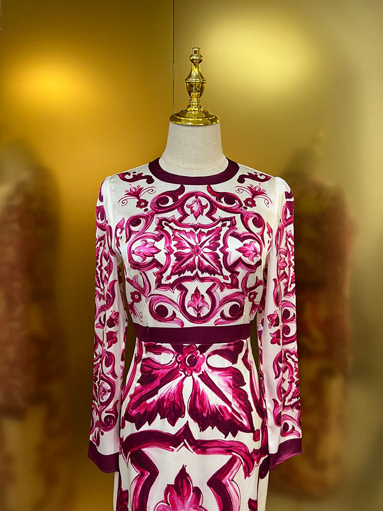 Summer Fashion Designer Vintage Cotton Dress Women O-neck Safflower Porcelain Printing Package Buttocks Slim Midi Dres