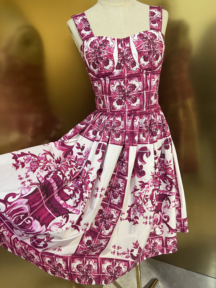Fashion Designer Summer 100% Cotton Dress Women Spaghetti Strap Sleeveless Flowers Print Elegant Party Backless Dress