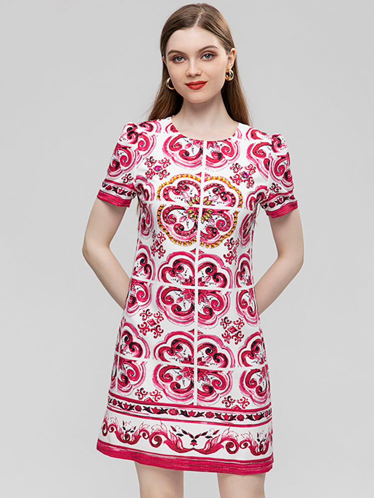 Summer Fashion Runway Vintage Loose Dress Women's O-Neck Short Sleeve Beading Diamond Print Buttock Covering Mini Dress