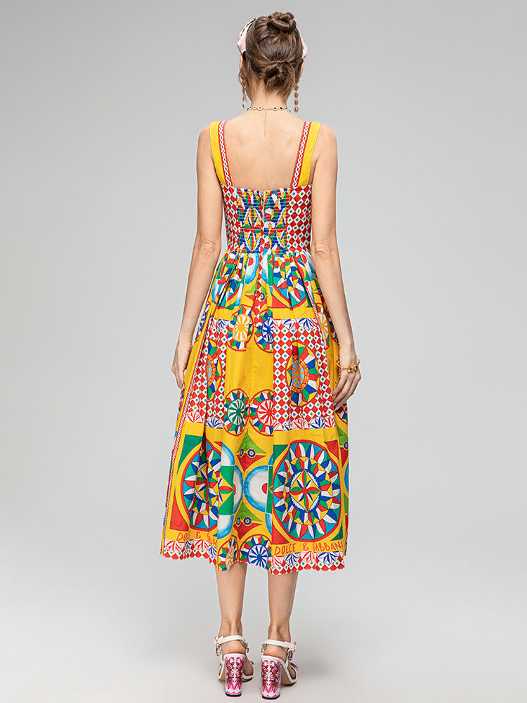 Summer Fashion Designer Beach Dress Women's Bohemia Pure Cotton High Waist Print Crumple Slim Fit Dress