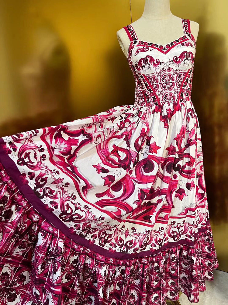 Fashion Designer Summer Cotton Dress Women Spaghetti Strap Sleeveless Flowers Print Vintage Party Backless Long Dress