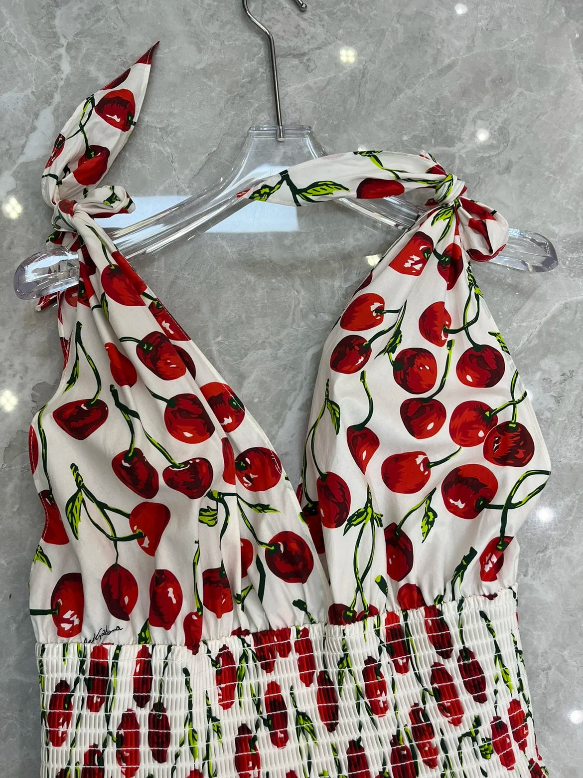 HIGH QUALITY Summer Holiday Women Cotton Maxi Dress With V-Neck Elastic Waist Cherry Print For Party