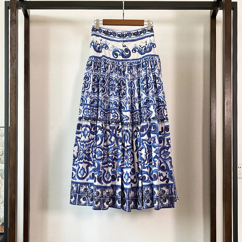 HIGH QUALITY Luxury Fashion Women Blue&White Porcelain Print Off Shoulder Top and Maxi Skirt Summer Set For Female