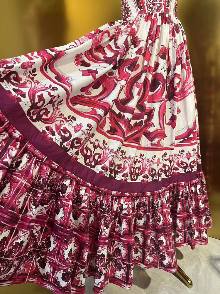 Fashion Designer Summer Cotton Dress Women Spaghetti Strap Sleeveless Flowers Print Vintage Party Backless Long Dress