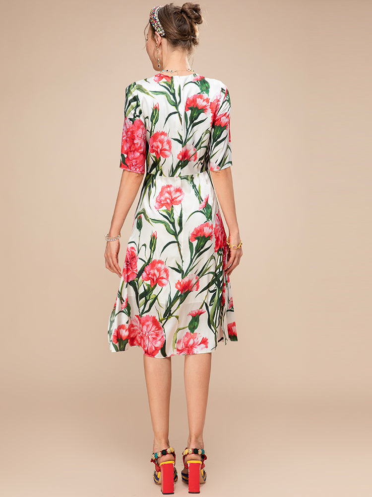 New Fashion Runway Summer Silk Dress Women Short sleeve High waist Flower Print Elegant Holiday Party Dress