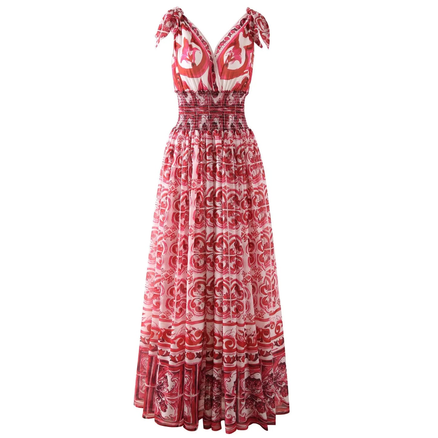 HIGH QUALITY Summer Holiday Women Maxi Dress With V-Neck Elastic Waist Blue And Porcelain Print For Party