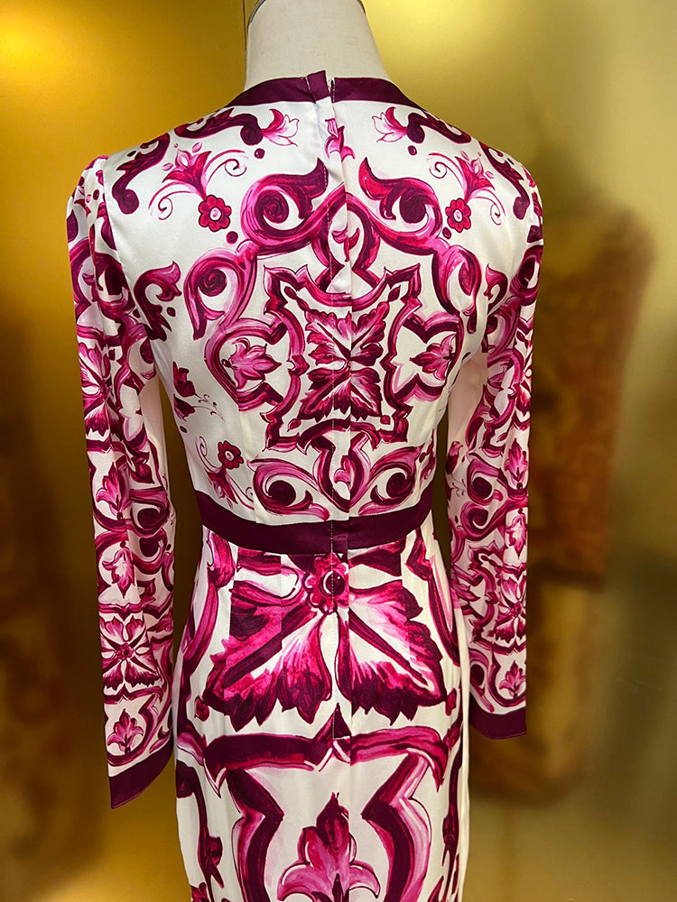 Summer Fashion Designer Vintage Cotton Dress Women O-neck Safflower Porcelain Printing Package Buttocks Slim Midi Dres