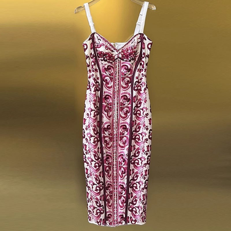 Fashion Designer Summer Silk Pencil Dress Women Spaghetti Strap Flowers Print Elegant Party Package Buttocks Dresses