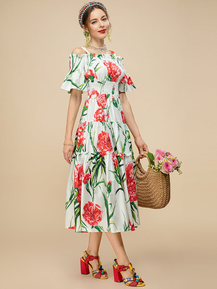 Summer Fashion Long Cotton Dress Women Slase neck Elastic waist Floral Print Holiday Elegant Dress