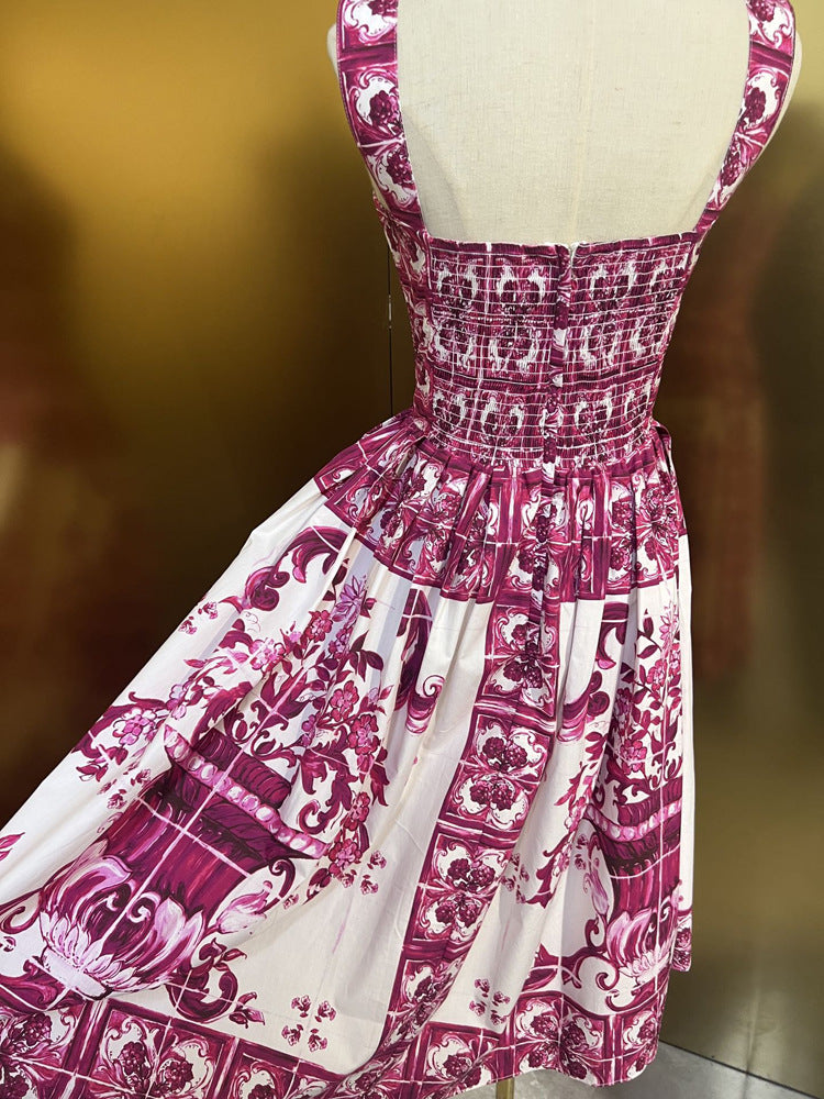 Fashion Designer Summer 100% Cotton Dress Women Spaghetti Strap Sleeveless Flowers Print Elegant Party Backless Dress